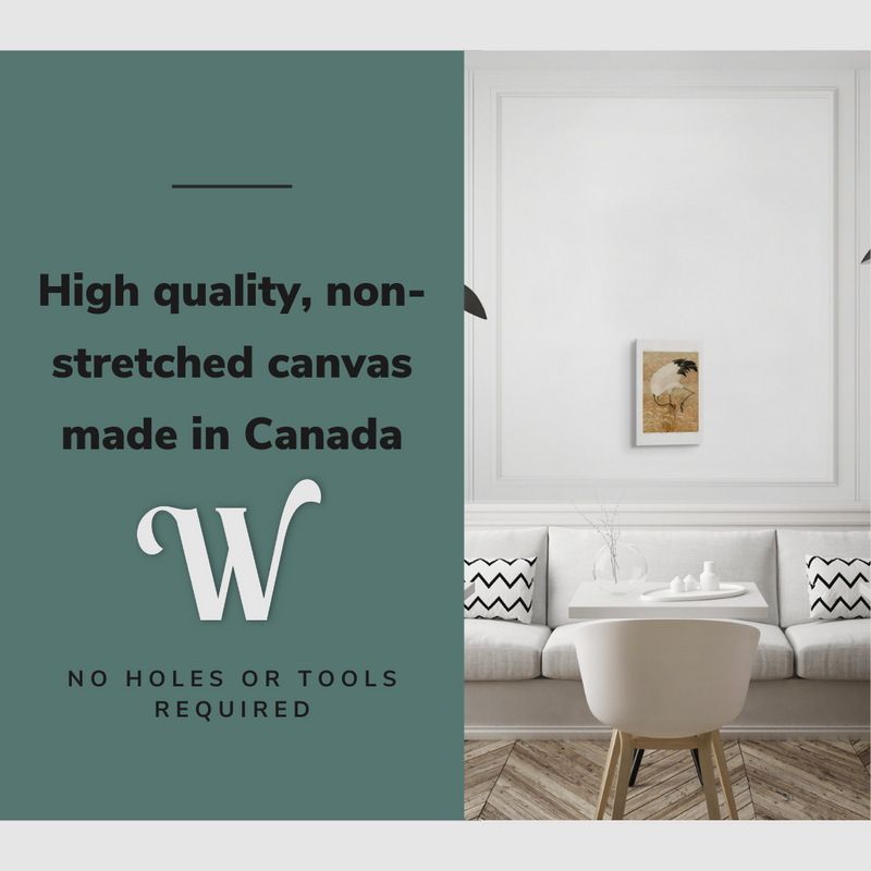 Lifestyle image of the vertical, 12x18 inch easy to hang canvas wall art hung in a dining room of a restaurant above a booth table with graphic saying "High quality, non-stretched canvas made in Canada"