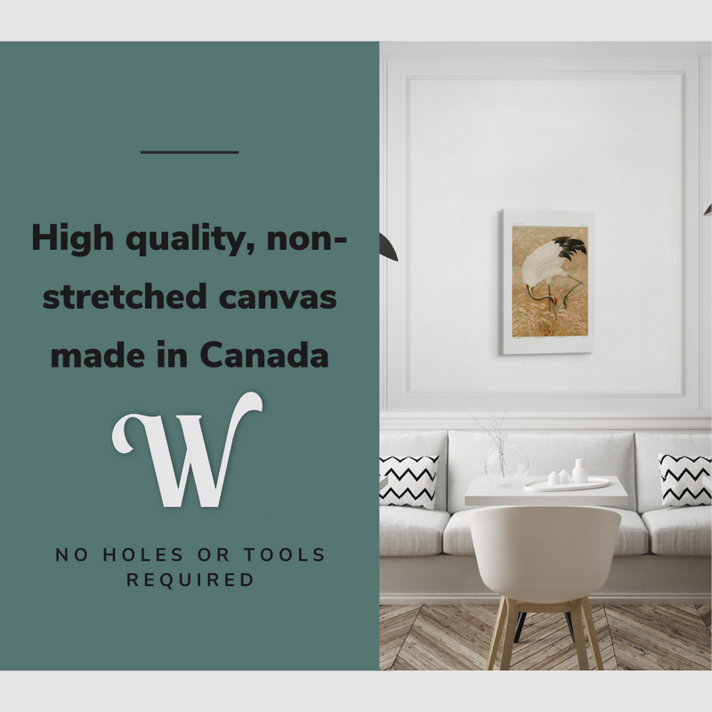 Lifestyle image of the vertical, 20x30 inch easy to hang canvas wall art hung in a dining room of a restaurant above a booth table with graphic saying "High quality, non-stretched canvas made in Canada"