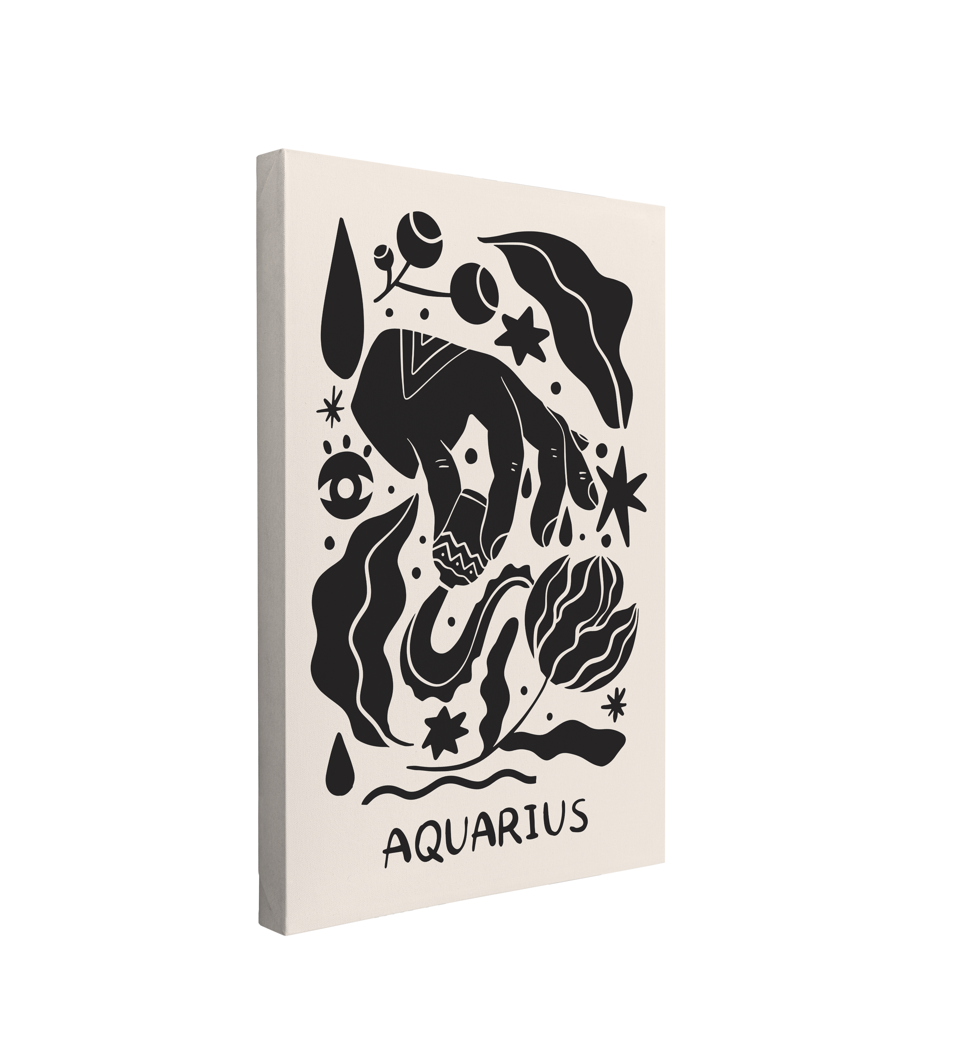 Single, 2:3 vertical easy to hang canvas print on a transparent background featuring an image of an interpretation of Aquarius in a minimalist Scandinavian design, in black and white featuring symbols of a hand pouring water out of a pot, with florals and stars. 