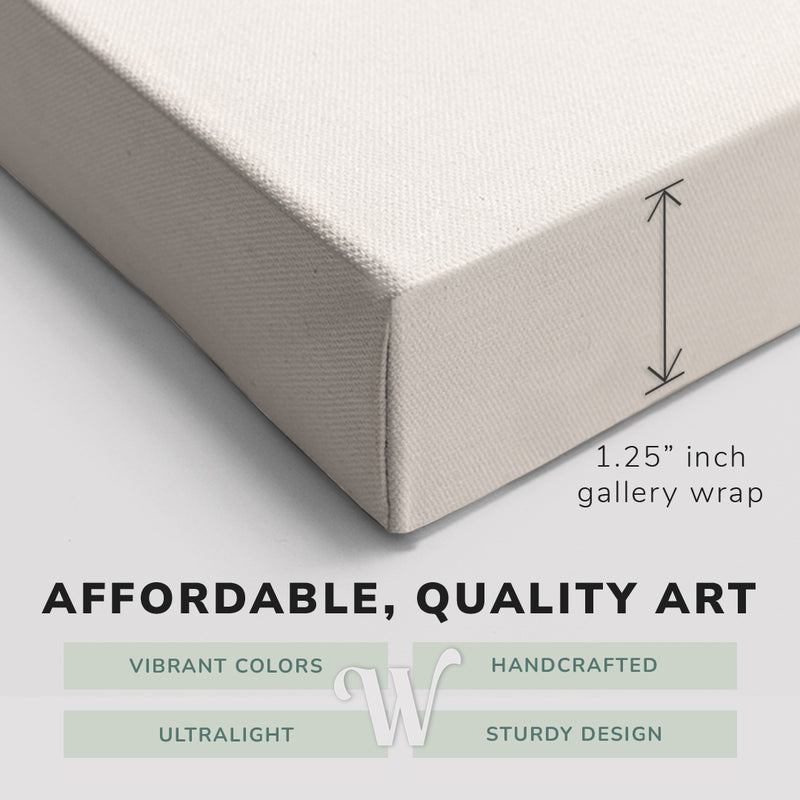 Corner shot of a Whelhung easy to hang canvas print showing the 1.25” inch gallery wrap thickness and graphic saying "Affordable, Quality Art", "Vibrant Colors", "Handcrafted", "Ultralight" and "Sturdy Design."