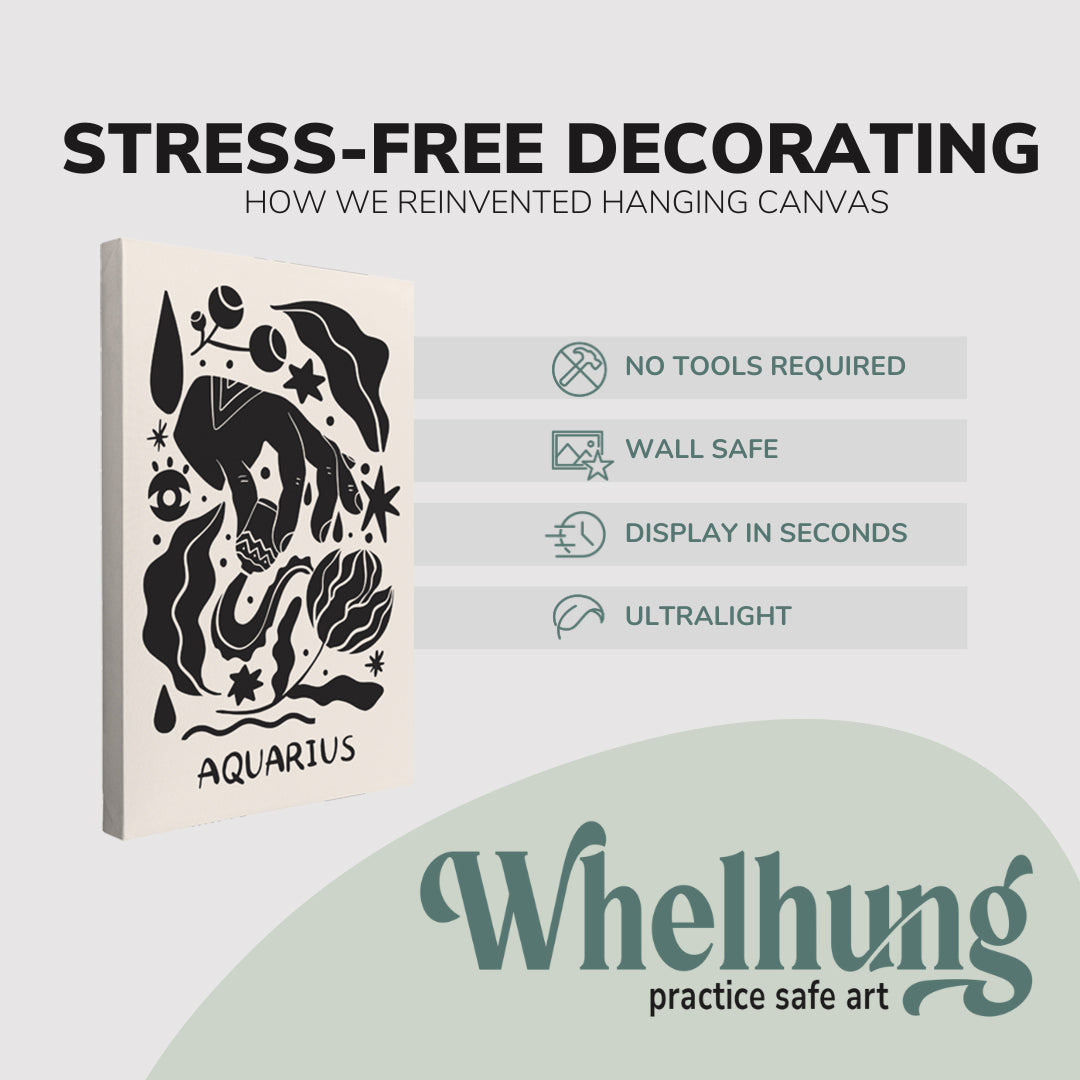 Single, 2:3 vertical easy to hang canvas print on a graphic displaying the stress-free decorating Whelhung offers, how we reinvented hanging canvas: "no tools required", "wall safe", "display in seconds" and "ultralight." 