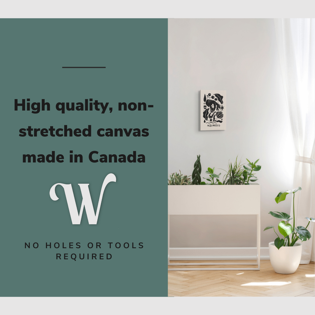 Lifestyle image of the vertical 12x18” inch easy to hang canvas wall art hung in bedroom above a planter with graphic saying "High quality, non-stretched canvas made in Canada."