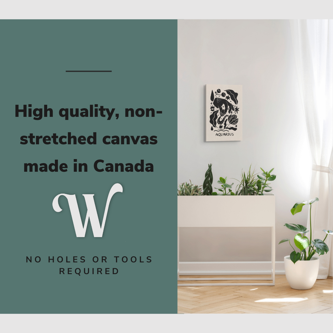 Lifestyle image of the vertical 16x24” inch easy to hang canvas wall art hung in a bedroom above a planter with graphic saying "High quality, non-stretched canvas made in Canada."