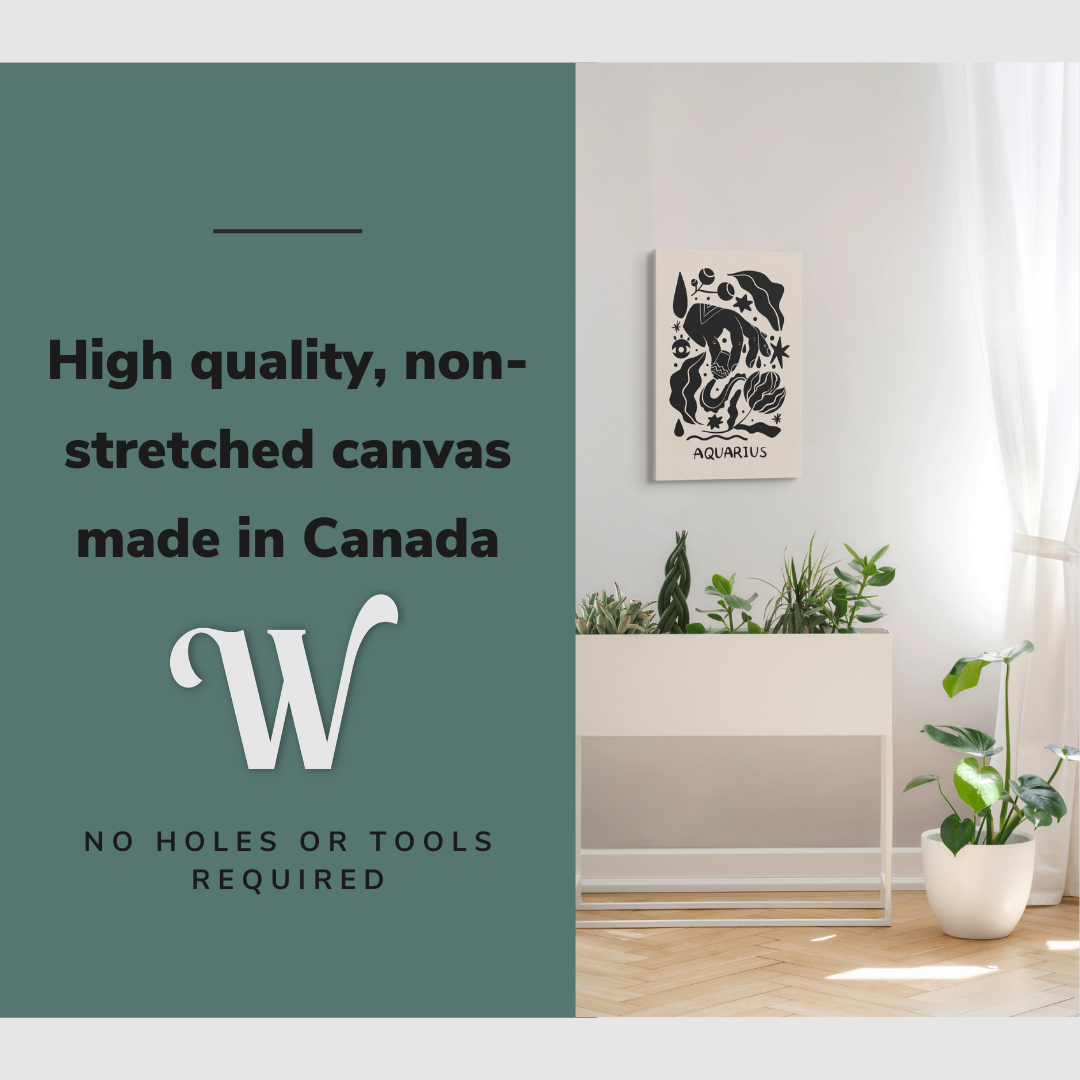 Lifestyle image of the vertical, 20x30” inch easy to hang canvas wall art hung in bedroom over a planter with graphic saying "High quality, non-stretched canvas made in Canada"