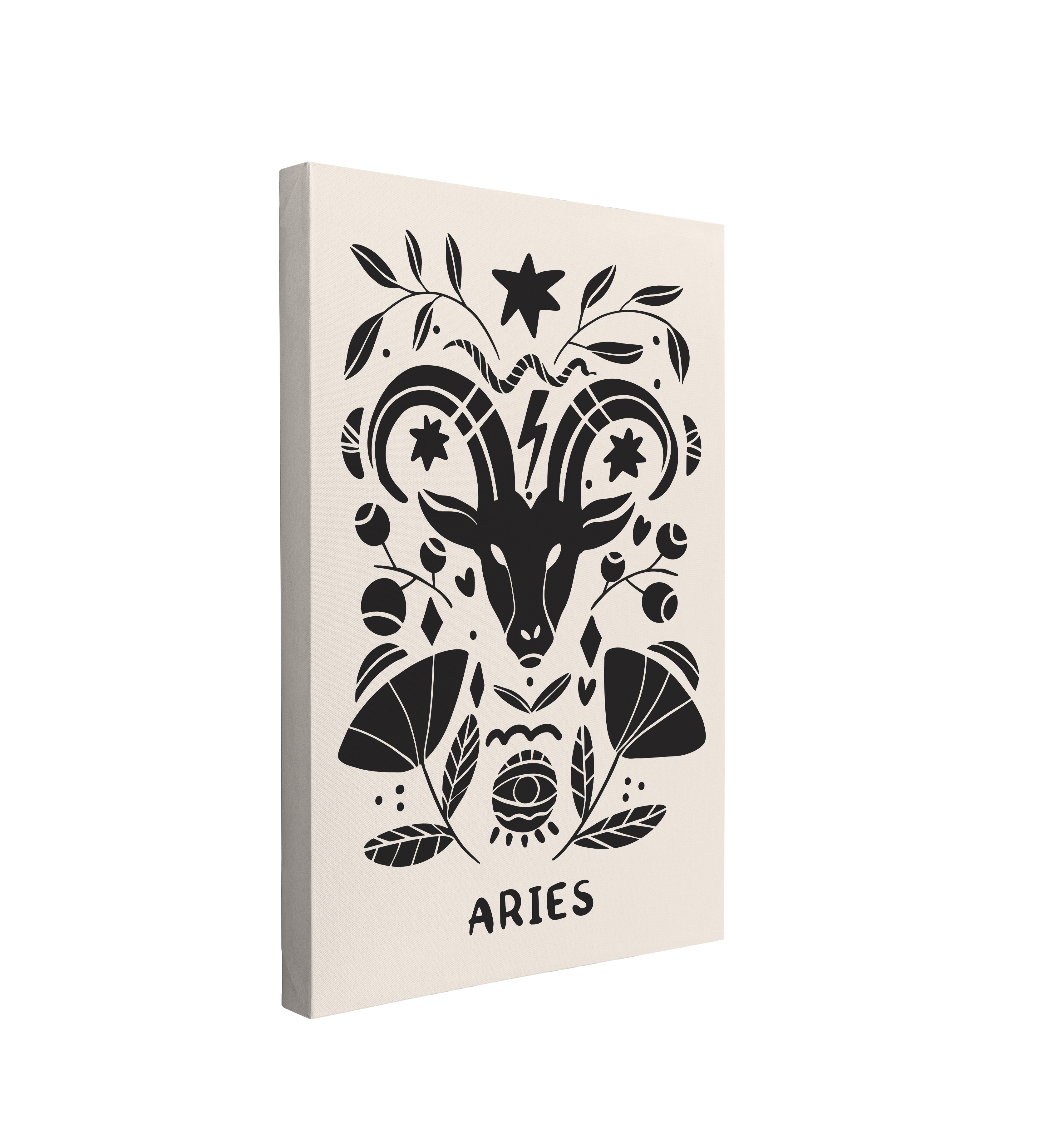 Single, 2:3 vertical easy to hang canvas print on a transparent background featuring an image of black and white interpretation of the Aries zodiac symbol featuring a goat's head and florals in a nordic art style.