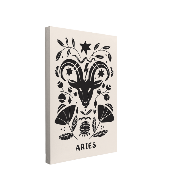 Single, 2:3 vertical easy to hang canvas print on a transparent background featuring an image of black and white interpretation of the Aries zodiac symbol featuring a goat's head and florals in a nordic art style.