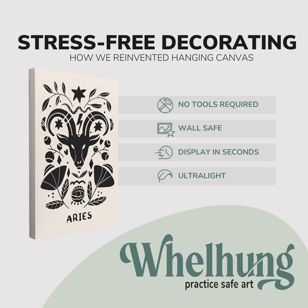 Single, 2:3 vertical easy to hang canvas print on a graphic displaying the stress-free decorating Whelhung offers, how we reinvented hanging canvas: "no tools required", "wall safe", "display in seconds" and "ultralight." 