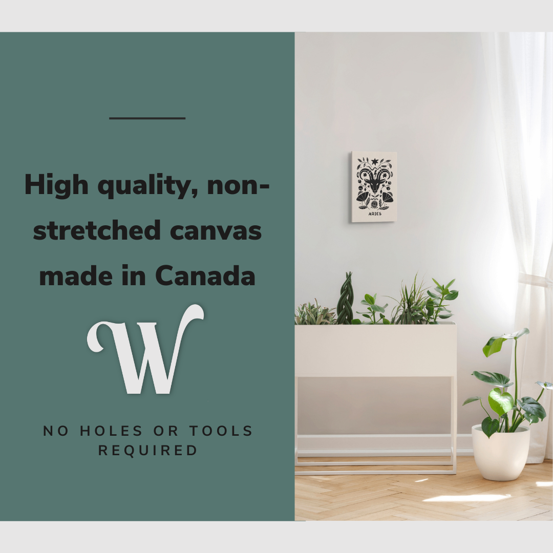 Lifestyle image of the vertical 12x18” inch easy to hang canvas wall art hung in “room description” with graphic saying "High quality, non-stretched canvas made in Canada."