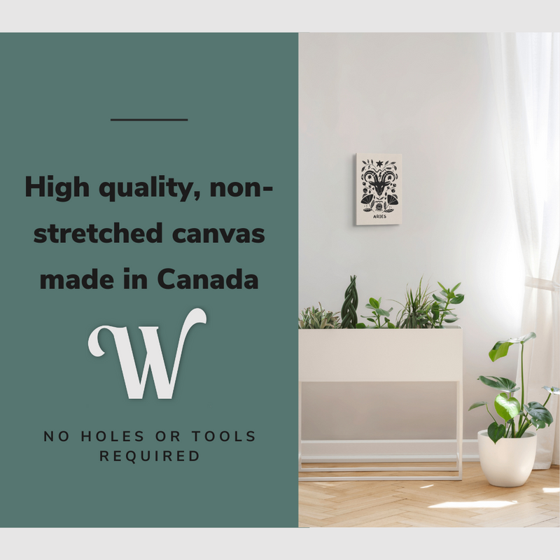 Lifestyle image of the vertical 12x18” inch easy to hang canvas wall art hung in “room description” with graphic saying "High quality, non-stretched canvas made in Canada."