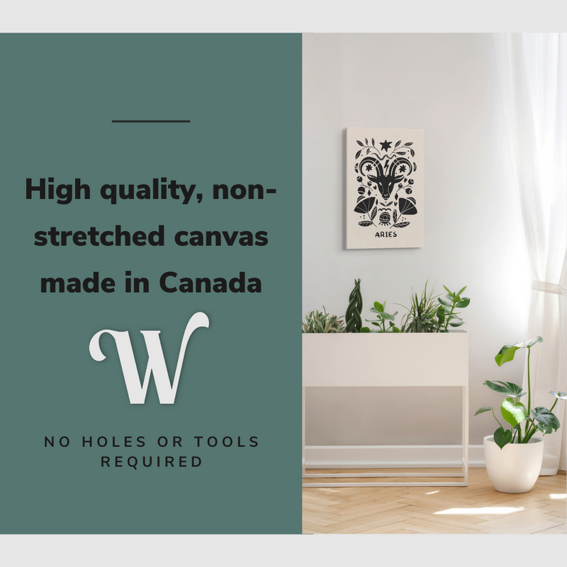 Lifestyle image of the vertical, 20x30” inch easy to hang canvas wall art hung in a bedroom above a planter beside a window with graphic saying "High quality, non-stretched canvas made in Canada"