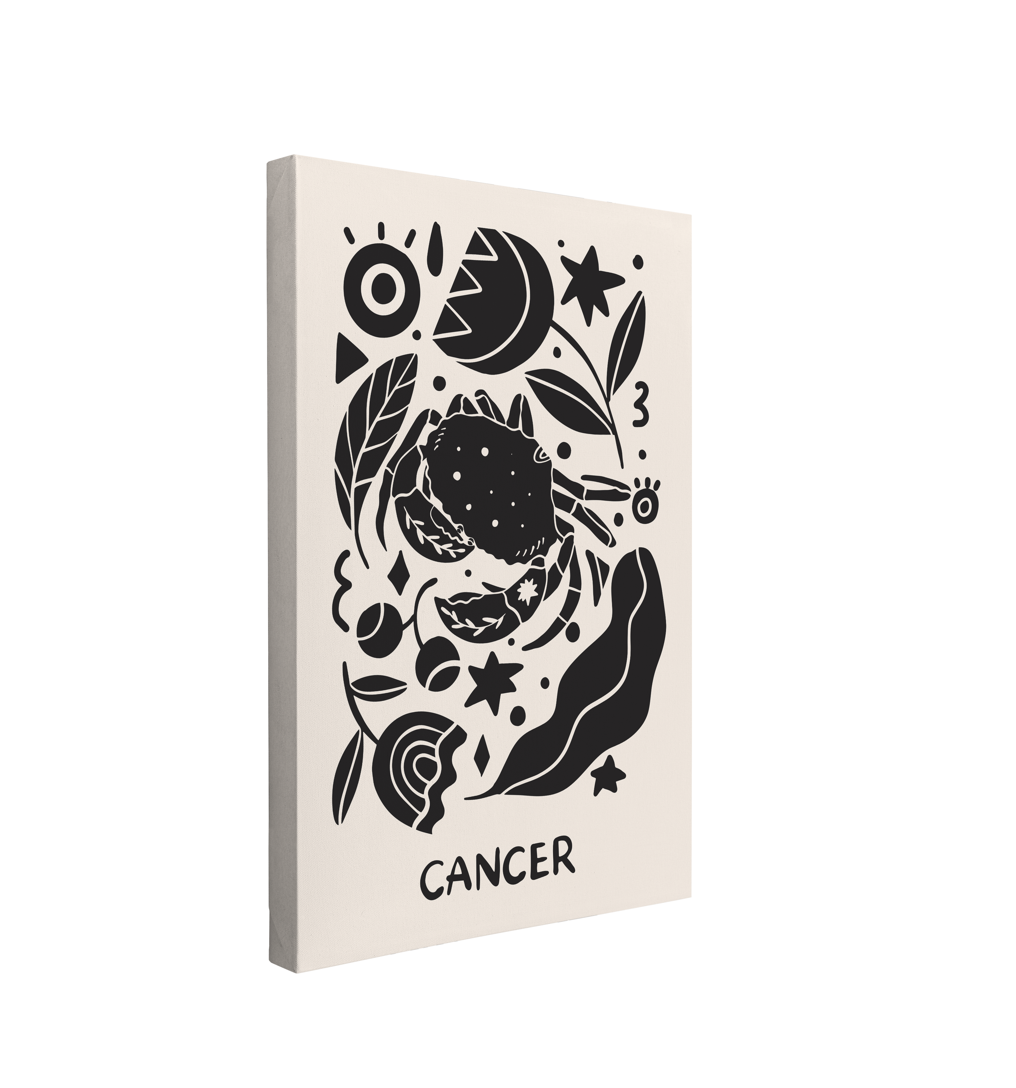 Single, 2:3 vertical easy to hang canvas print on a transparent background featuring an image of a black and white interpretation of the Cancer zodiac sign, featuring a crab amongst florals and other nordic styled graphics. 