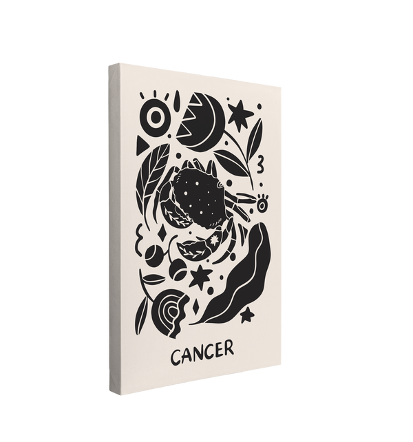 Single, 2:3 vertical easy to hang canvas print on a transparent background featuring an image of a black and white interpretation of the Cancer zodiac sign, featuring a crab amongst florals and other nordic styled graphics. 