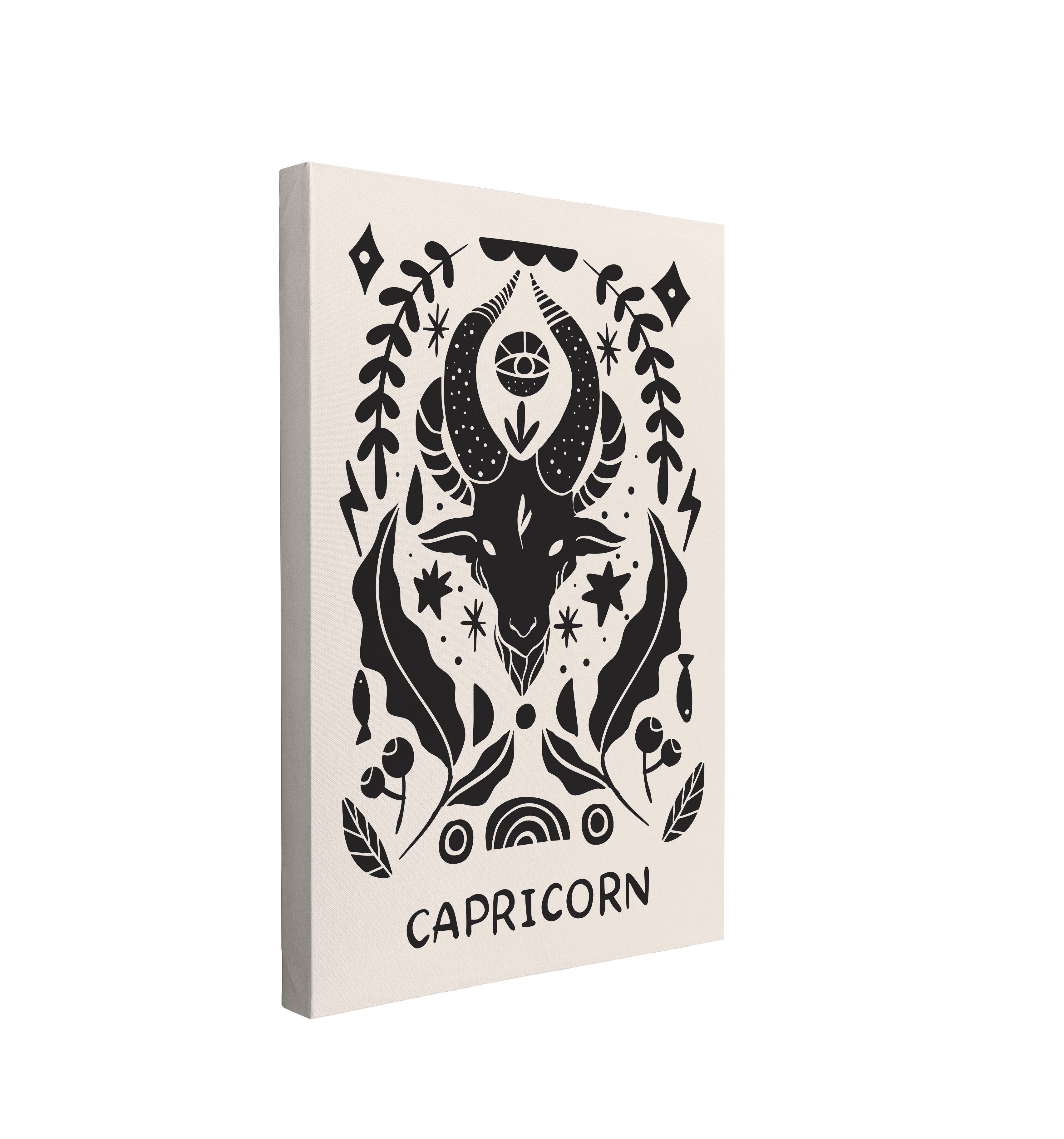 Single, 2:3 vertical easy to hang canvas print on a transparent background featuring an image of a black and white, minimalist Scandinavian interpretation of the zodiac, Capricorn. Featuring a goat's head, florals and ribbons. 
