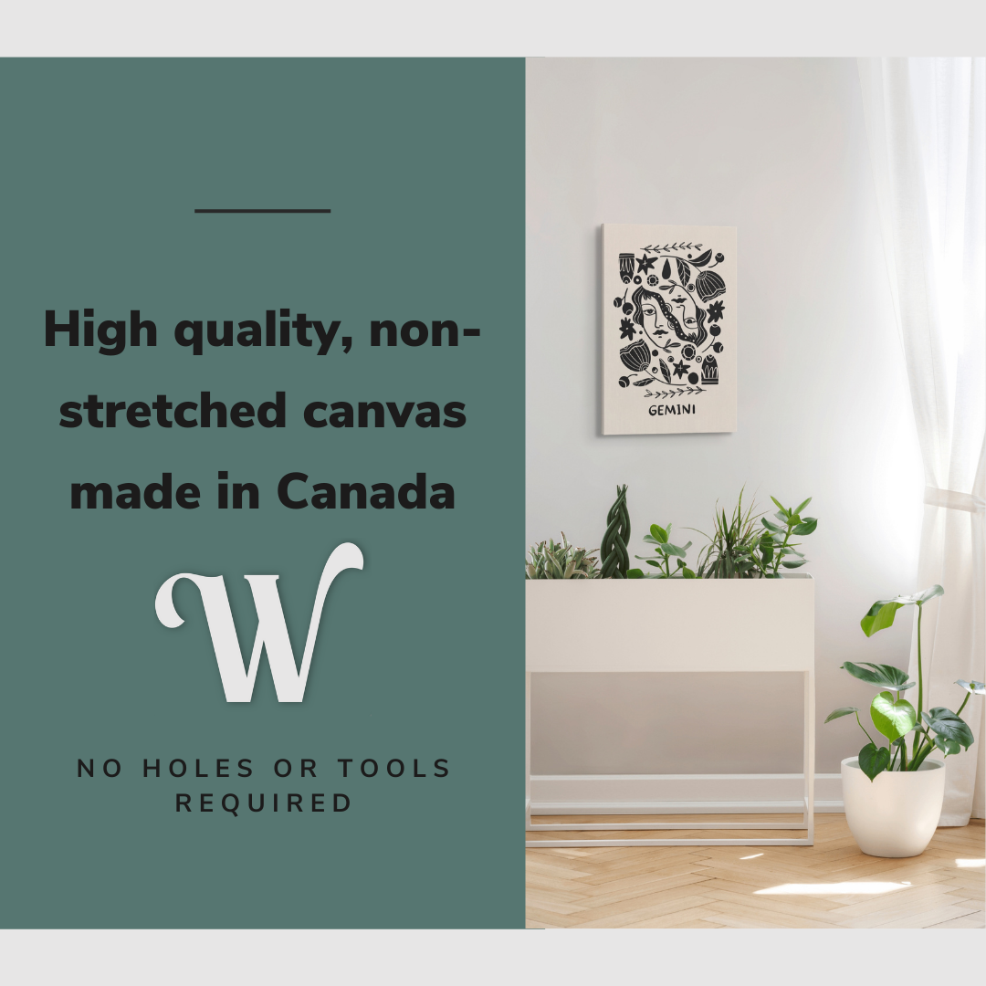 Lifestyle image of the vertical, 20x30” inch easy to hang canvas wall art hung in a bedroom above a planter beside a window with graphic saying "High quality, non-stretched canvas made in Canada"