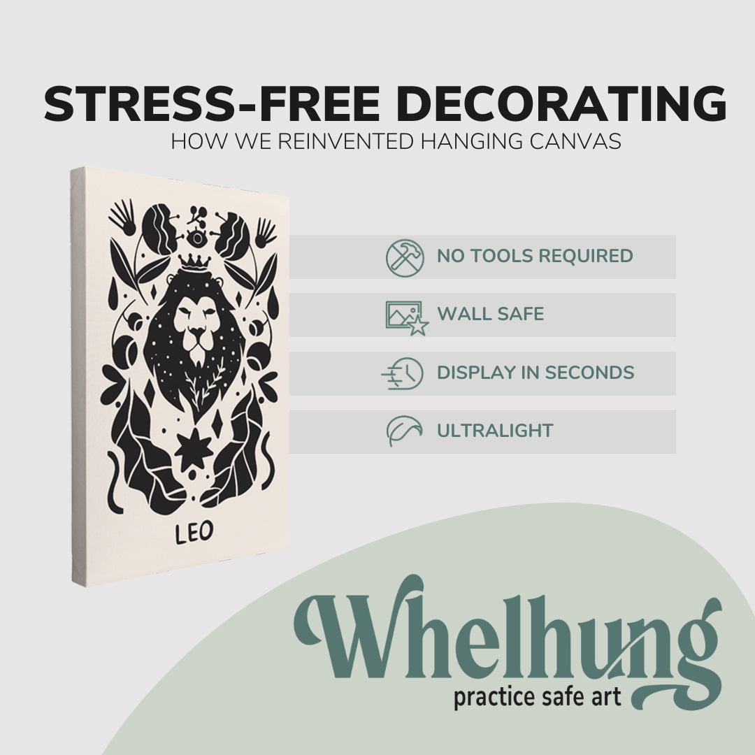 Single, 2:3 vertical easy to hang canvas print on a graphic displaying the stress-free decorating Whelhung offers, how we reinvented hanging canvas: "no tools required", "wall safe", "display in seconds" and "ultralight." 