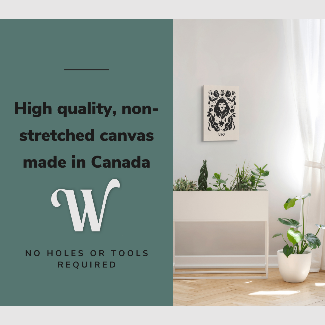 Lifestyle image of the vertical 16x24” inch easy to hang canvas wall art hung in a bedroom above a planter beside a window with graphic saying "High quality, non-stretched canvas made in Canada."