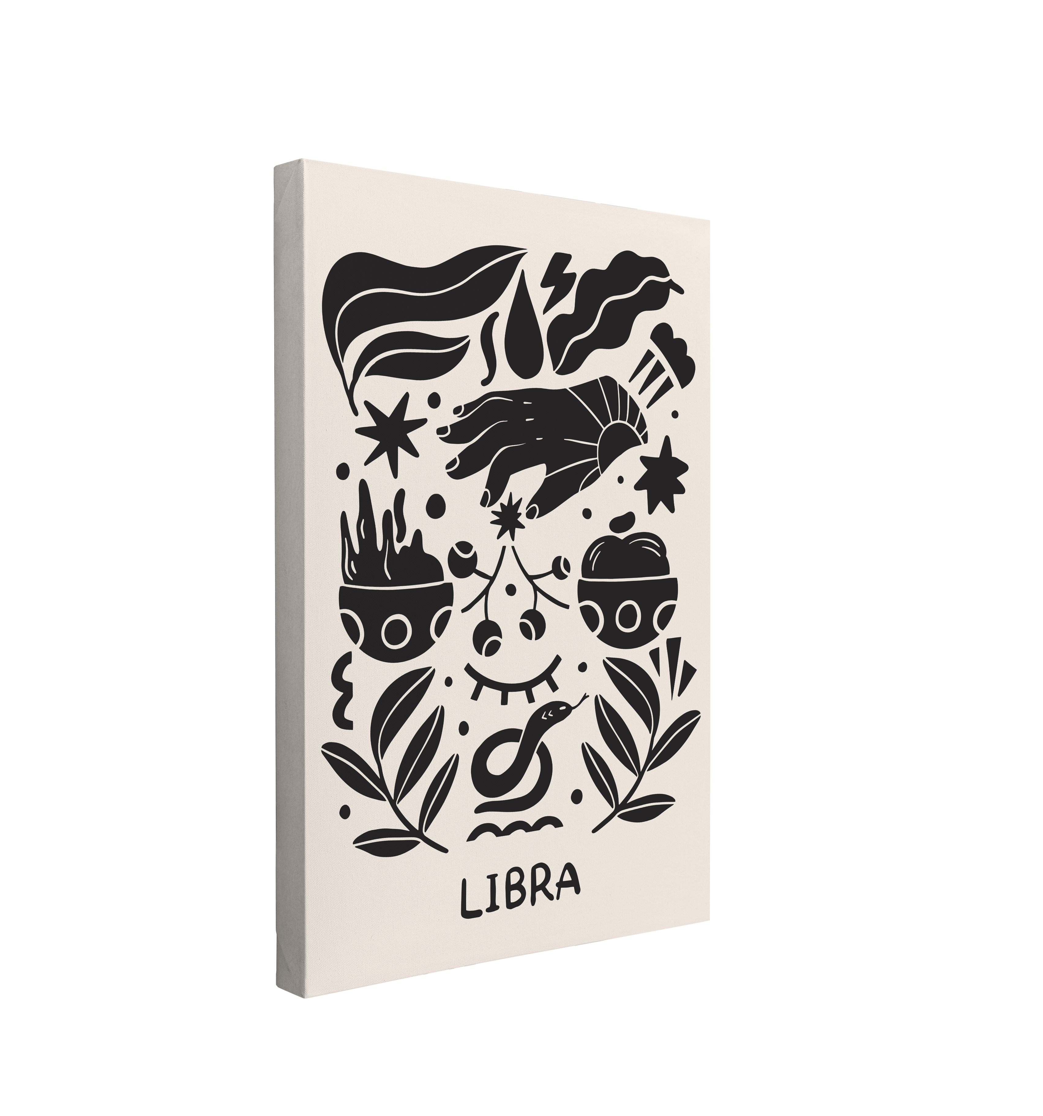 Single, 2:3 vertical easy to hang canvas print on a transparent background featuring an image of a black and white interpretation of the zodiac symbol, "Libra" with a hand, two bowls, a snake and florals. 