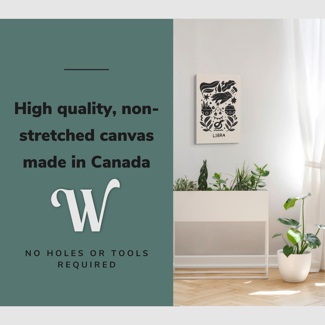 Lifestyle image of the vertical, 20x30” inch easy to hang canvas wall art hung in a bedroom over a planter beside a window with graphic saying "High quality, non-stretched canvas made in Canada"