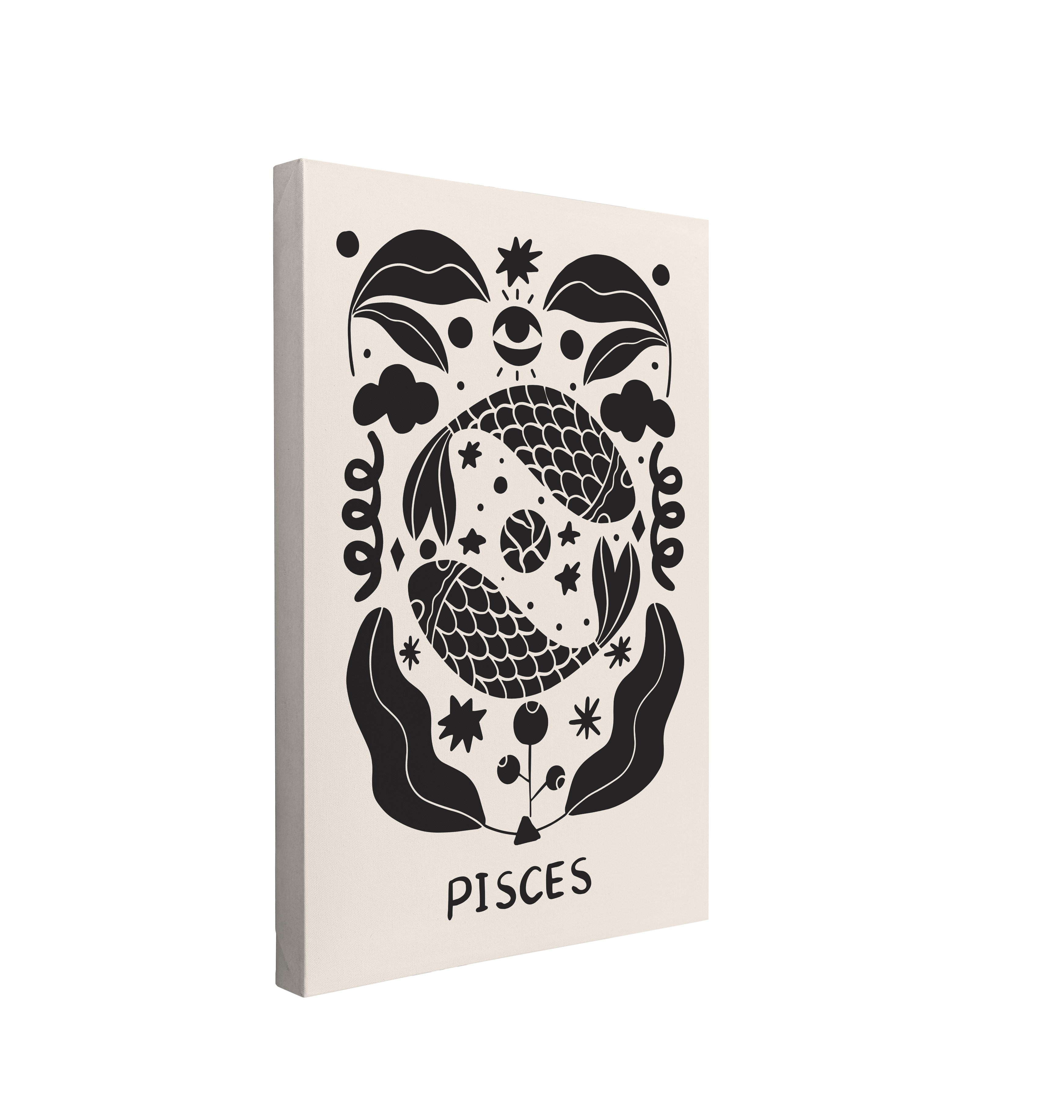 Single, 2:3 vertical easy to hang canvas print on a transparent background featuring an image of black and white Scandinavian styled graphic of a minimalist representation of Pisces. Featuring two fish surrounded by florals and decor like stars and ribbons.  