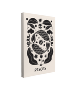 Single, 2:3 vertical easy to hang canvas print on a transparent background featuring an image of black and white Scandinavian styled graphic of a minimalist representation of Pisces. Featuring two fish surrounded by florals and decor like stars and ribbons.  