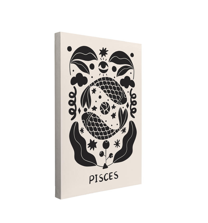 Single, 2:3 vertical easy to hang canvas print on a transparent background featuring an image of black and white Scandinavian styled graphic of a minimalist representation of Pisces. Featuring two fish surrounded by florals and decor like stars and ribbons.  