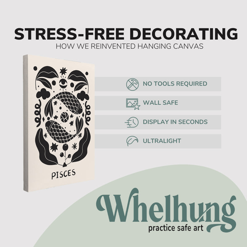 Single, 2:3 vertical easy to hang canvas print on a graphic displaying the stress-free decorating Whelhung offers, how we reinvented hanging canvas: "no tools required", "wall safe", "display in seconds" and "ultralight."