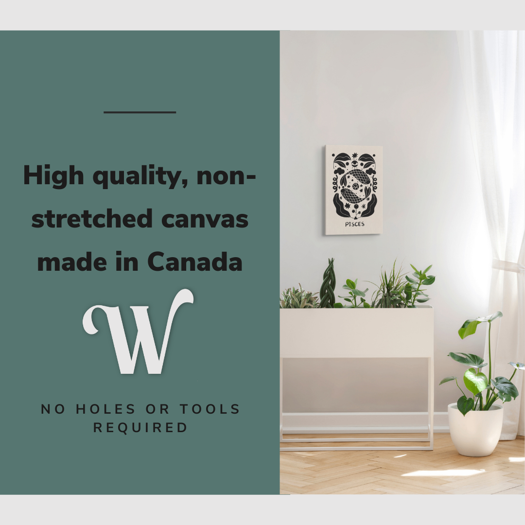 Lifestyle image of the vertical 16x24” inch easy to hang canvas wall art hung in a bedroom over a planter with graphic saying "High quality, non-stretched canvas made in Canada."