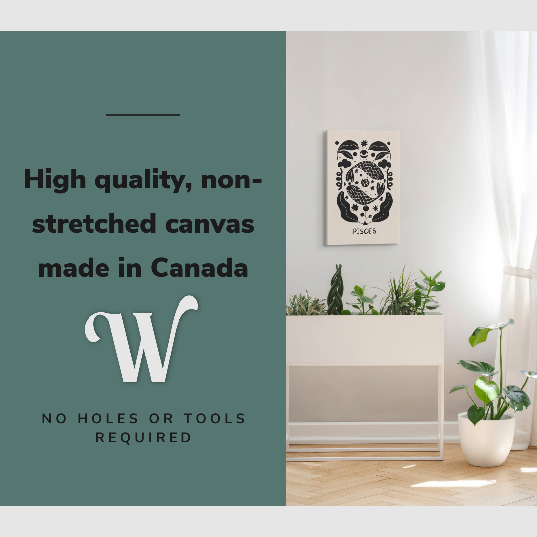 Lifestyle image of the vertical, 20x30” inch easy to hang canvas wall art hung in a bedroom above a planter with graphic saying "High quality, non-stretched canvas made in Canada"