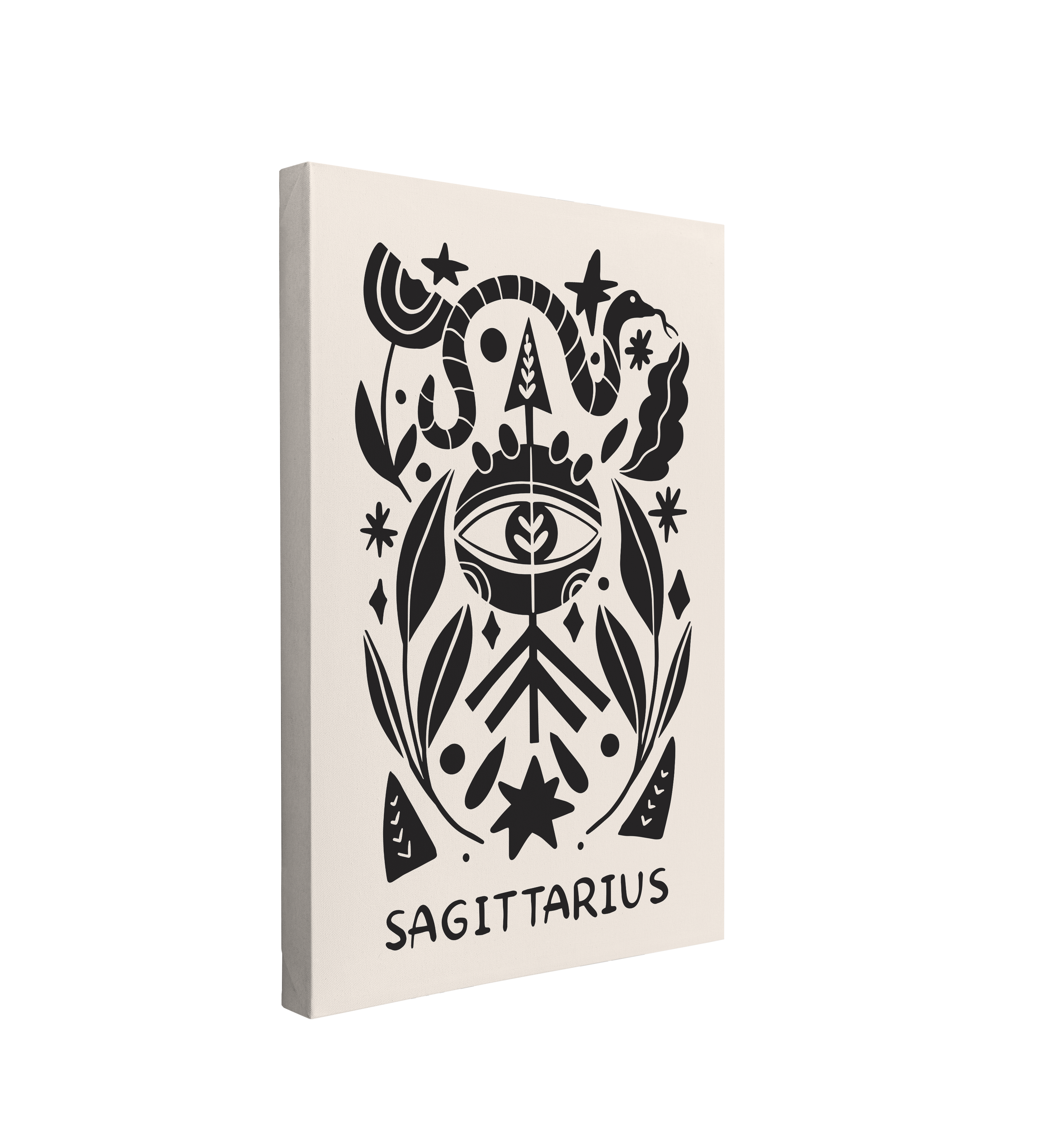 Single, 2:3 vertical easy to hang canvas print on a transparent background featuring an image of a black and white, minimalist  Scandinavian interpretation of Sagittarius featuring an arrow going through an eye with a snake and florals. 