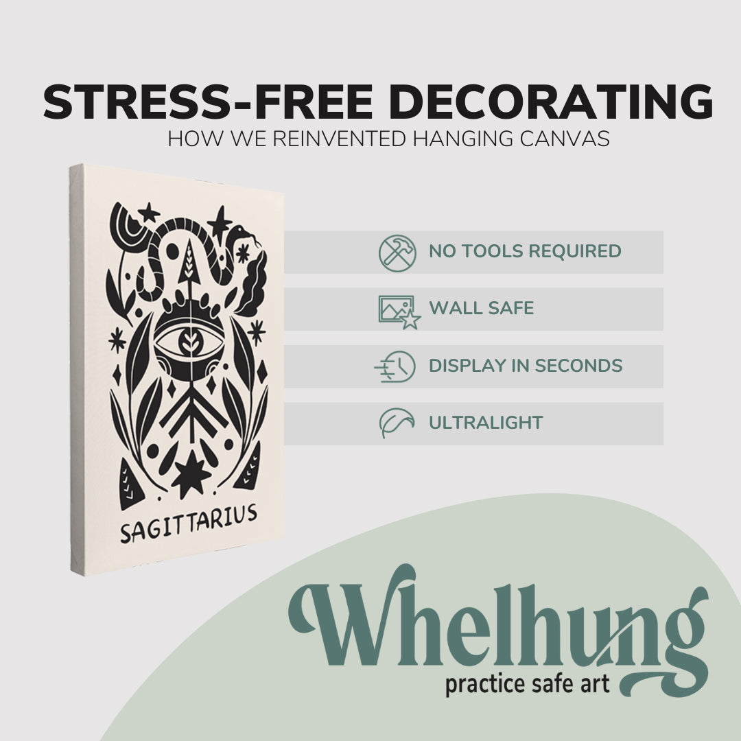 Single, 2:3 vertical easy to hang canvas print on a graphic displaying the stress-free decorating Whelhung offers, how we reinvented hanging canvas: "no tools required", "wall safe", "display in seconds" and "ultralight." 