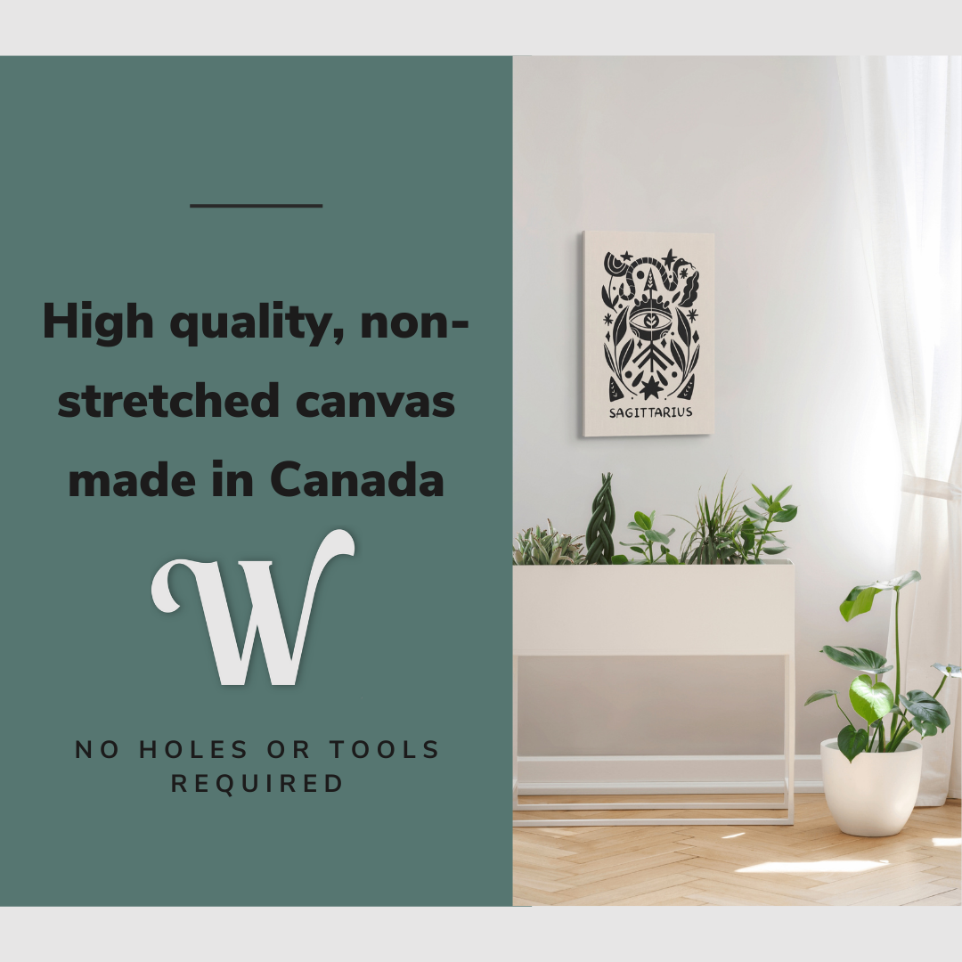 Lifestyle image of the vertical, 20x30” inch easy to hang canvas wall art hung in a bedroom over a planter with graphic saying "High quality, non-stretched canvas made in Canada"