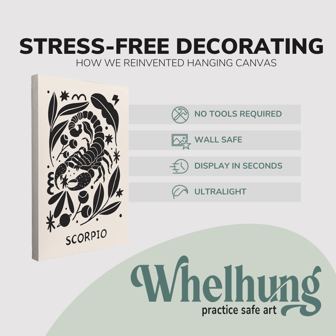 Single, 2:3 vertical easy to hang canvas print on a graphic displaying the stress-free decorating Whelhung offers, how we reinvented hanging canvas: "no tools required", "wall safe", "display in seconds" and "ultralight."