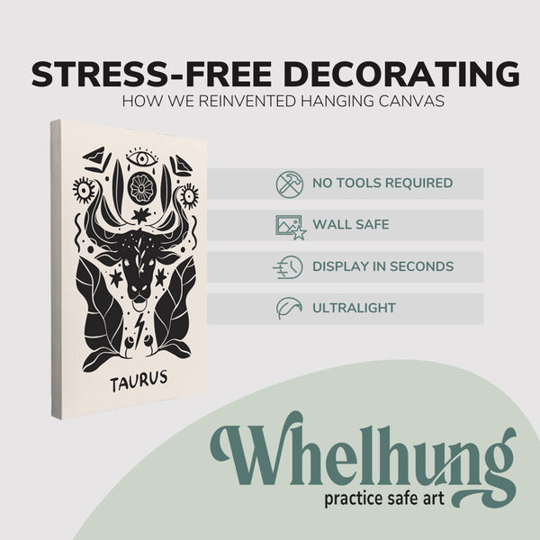 Single, 2:3 vertical easy to hang canvas print on a graphic displaying the stress-free decorating Whelhung offers, how we reinvented hanging canvas: "no tools required", "wall safe", "display in seconds" and "ultralight."