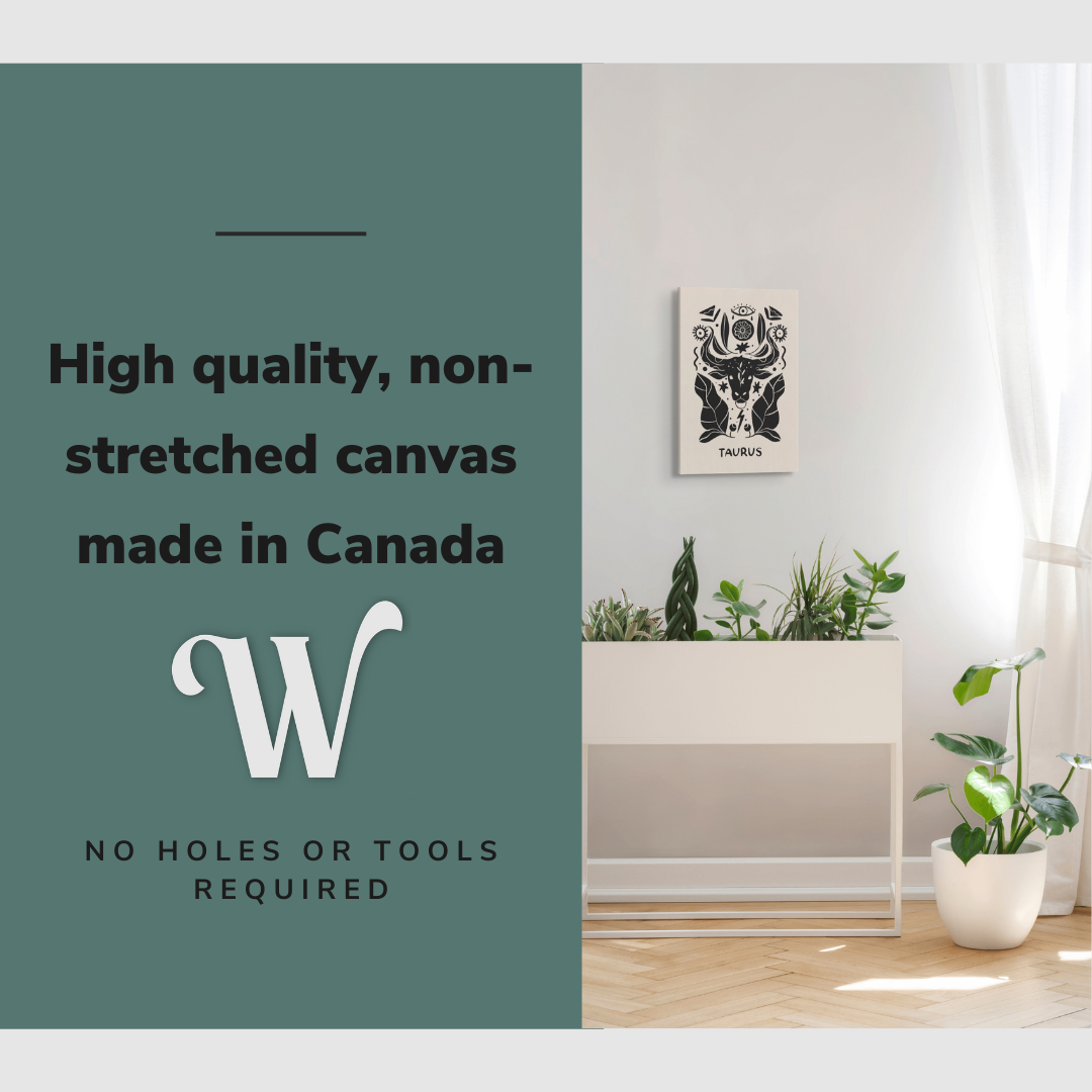 Lifestyle image of the vertical 16x24” inch easy to hang canvas wall art hung in a bedroom above a planter beside a window with graphic saying "High quality, non-stretched canvas made in Canada."