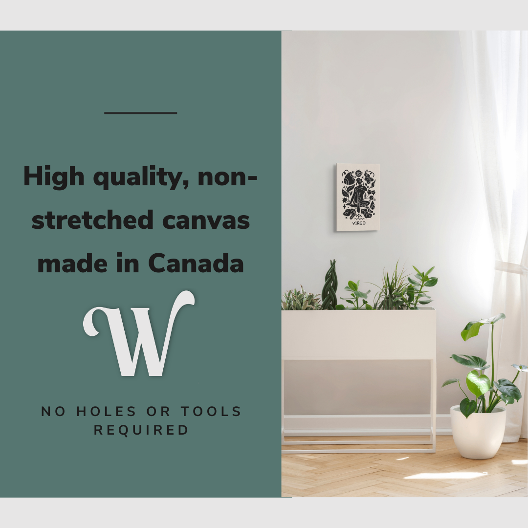 Lifestyle image of the vertical 12x18” inch easy to hang canvas wall art hung in a bedroom above a planter beside a window with graphic saying "High quality, non-stretched canvas made in Canada."