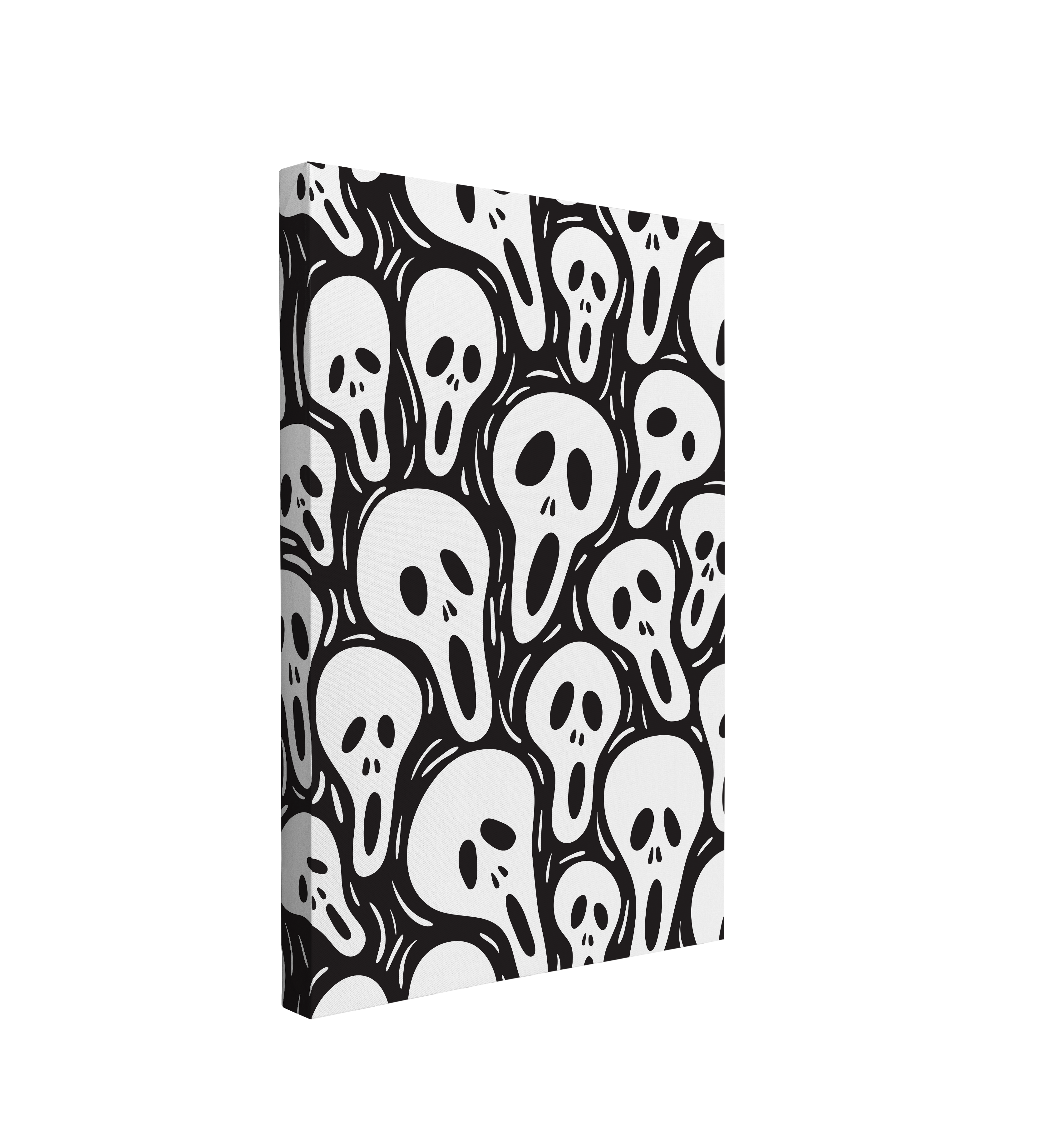 Single, 2:3 vertical easy to hang canvas print on a transparent background featuring an image of black and white ghoul faces screaming in a pattern formation on a black background. 