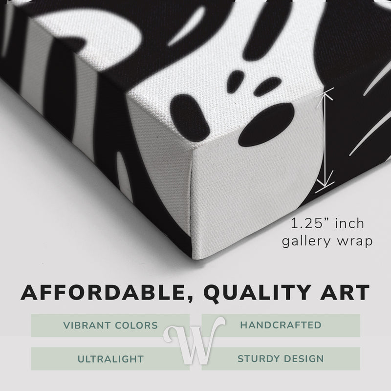 Corner shot of a Whelhung easy to hang canvas print showing the 1.25” inch gallery wrap thickness and graphic saying "Affordable, Quality Art", "Vibrant Colors", "Handcrafted", "Ultralight" and "Sturdy Design."