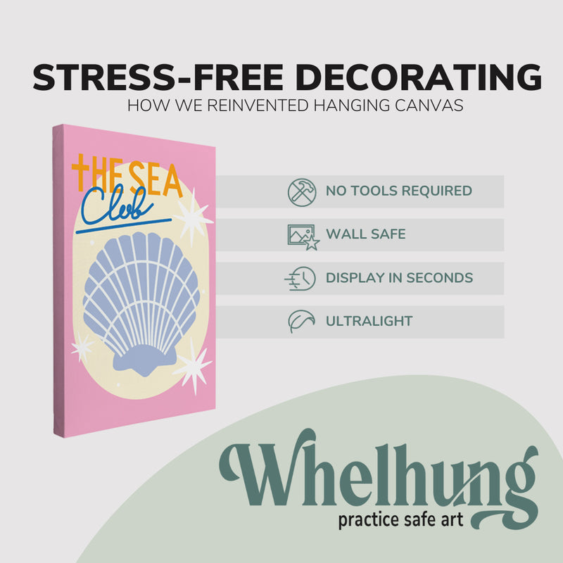 Single, 2:3 ratio vertical easy to hang canvas prints on a graphic displaying the stress-free decorating Whelhung offers, how we reinvented hanging canvas: "no tools required", "wall safe", "display in seconds" and "ultralight." 