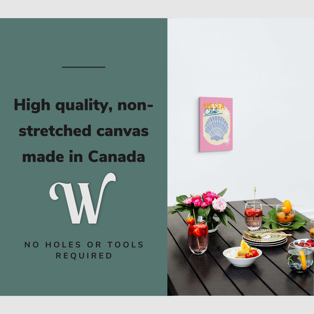 Lifestyle image of the vertical, 12x18" inch easy to hang canvas wall art hung in above a dining table in a dining room with graphic saying "High quality, non-stretched canvas made in Canada"