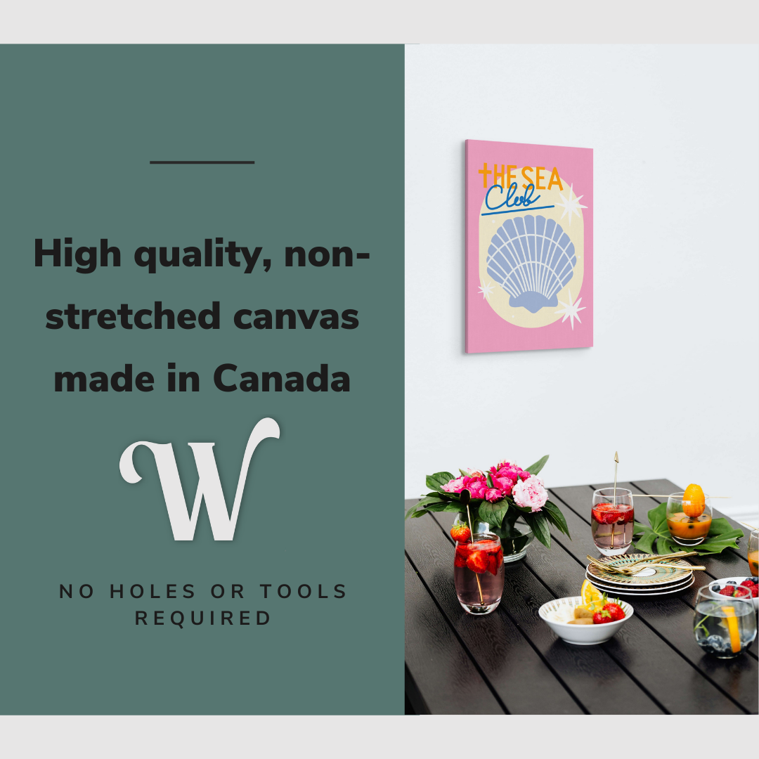 Lifestyle image of the vertical, 20x30" inch easy to hang canvas wall art hung in above a dining table in a dining room with graphic saying "High quality, non-stretched canvas made in Canada"