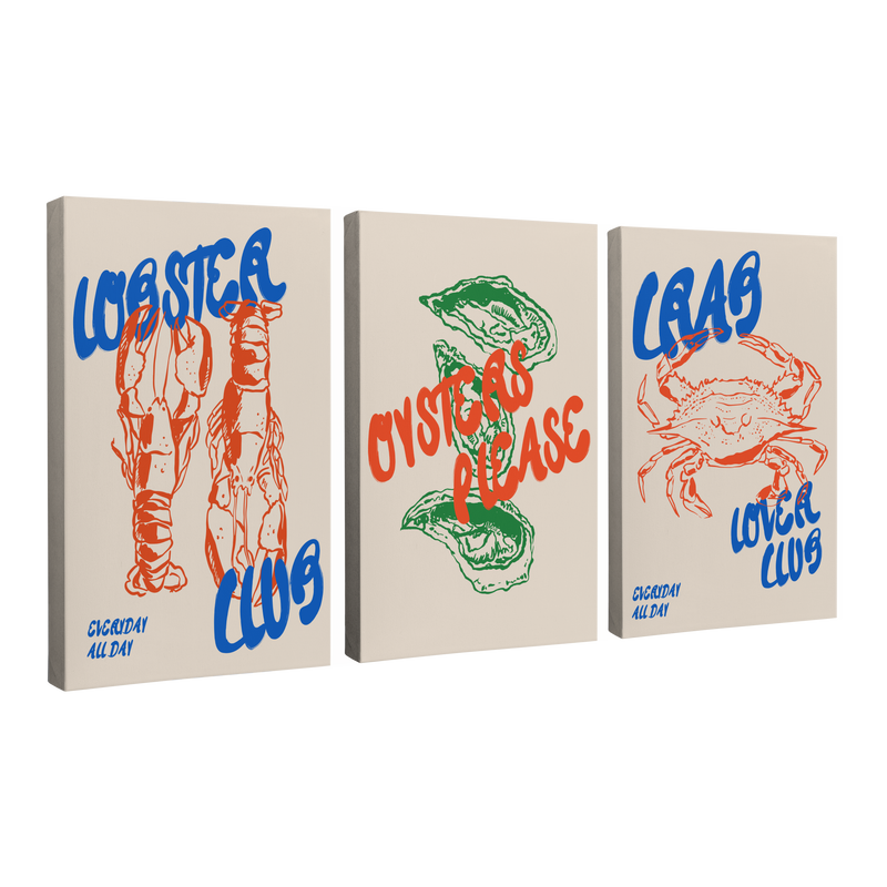 Set of 3, 2:3 ratio vertical easy to hang canvas prints on a transparent background featuring an images of red lobsters, green oysters and a red crab with font "Lobster Club Everyday All Day", "Oysters Please" and "Crab Lover Club Everyday All Day" on a white background