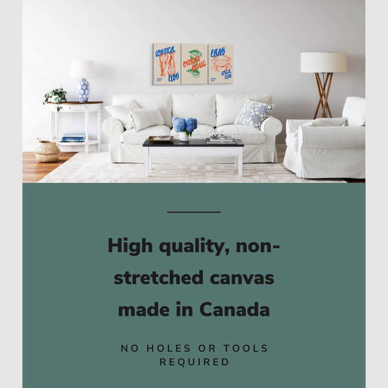 Lifestyle image of the vertical 16x24" inch set of 3 easy to hang canvas wall art hung above a couch in a living room with graphic saying "High quality, non-stretched canvas made in Canada"