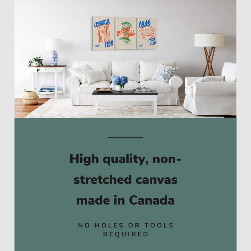 Lifestyle image of the vertical 20x30" inch set of 3 easy to hang canvas wall art hung above a couch in a living room with graphic saying "High quality, non-stretched canvas made in Canada"