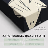 Corner shot of a Whelhung easy to hang canvas print showing the 1.25” inch gallery wrap thickness and graphic saying "Affordable, Quality Art", "Vibrant Colors", "Handcrafted", "Ultralight" and "Sturdy Design."