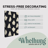 Single, 2:3 vertical easy to hang canvas print on a graphic displaying the stress-free decorating Whelhung offers, how we reinvented hanging canvas: "no tools required", "wall safe", "display in seconds" and "ultralight."