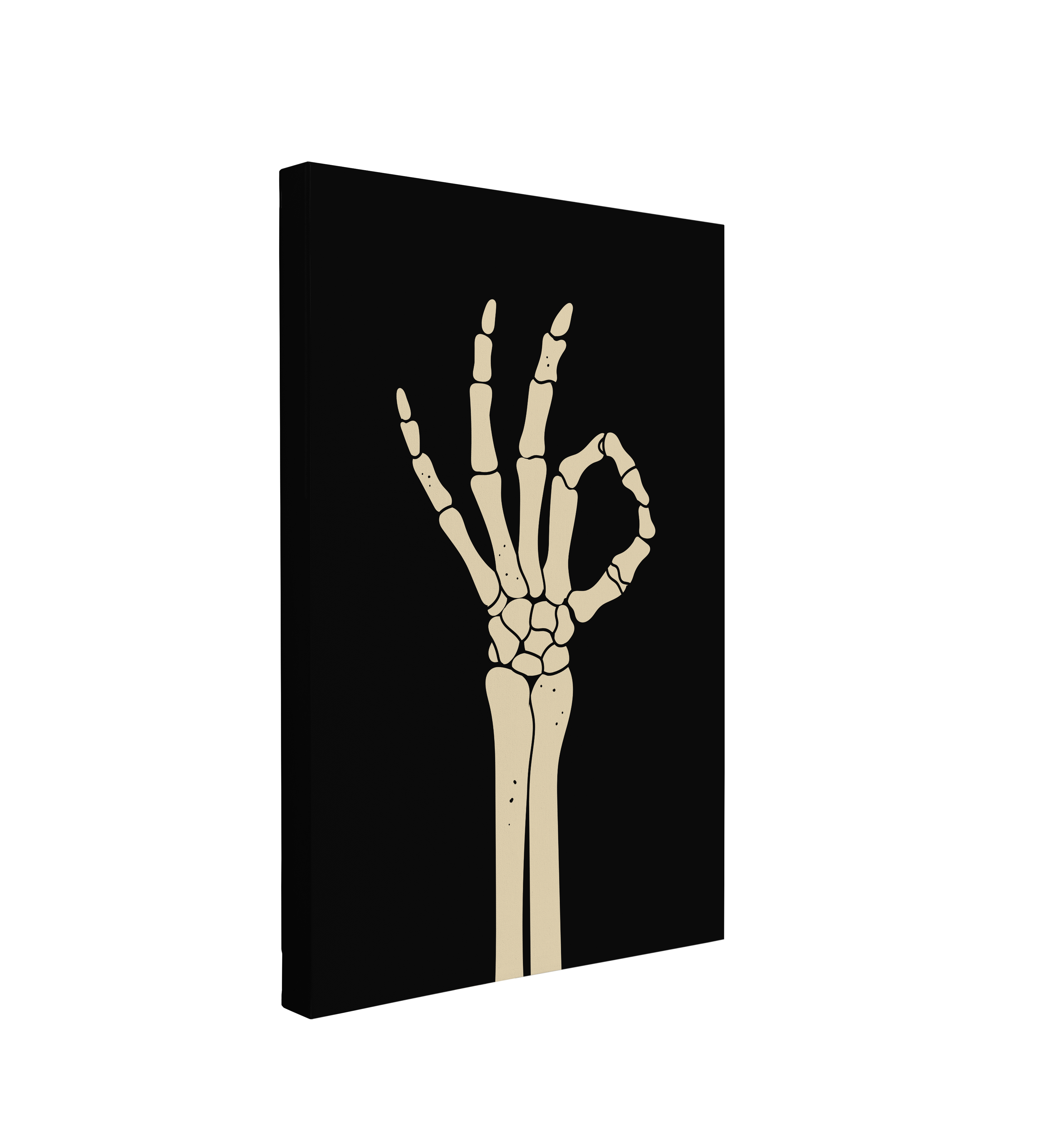 Single, 2:3 vertical easy to hang canvas print on a transparent background featuring an image of a minimalist graphic in pale yellow of a skeleton's hand making the "OK" symbol by pressing it's thumb and index finger together, on a black background as a Halloween decoration.