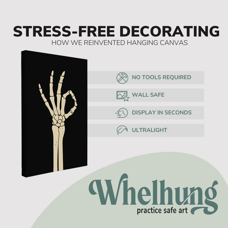 Single, 2:3 vertical easy to hang canvas print on a graphic displaying the stress-free decorating Whelhung offers, how we reinvented hanging canvas: "no tools required", "wall safe", "display in seconds" and "ultralight."