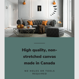 Lifestyle image of the vertical 12x18” inch easy to hang canvas wall art hung in a Halloween decorated living room above a couch with graphic saying "High quality, non-stretched canvas made in Canada."