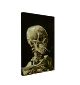 single, 2:3 vertical easy to hang canvas print on a transparent background featuring an image of a painting of a yellow white skeleton's bust smoking a cigarette on a black background