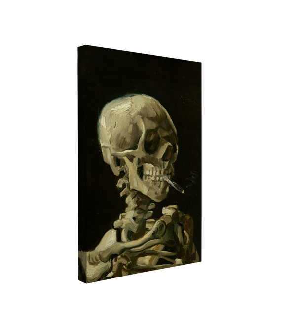 single, 2:3 vertical easy to hang canvas print on a transparent background featuring an image of a painting of a yellow white skeleton's bust smoking a cigarette on a black background